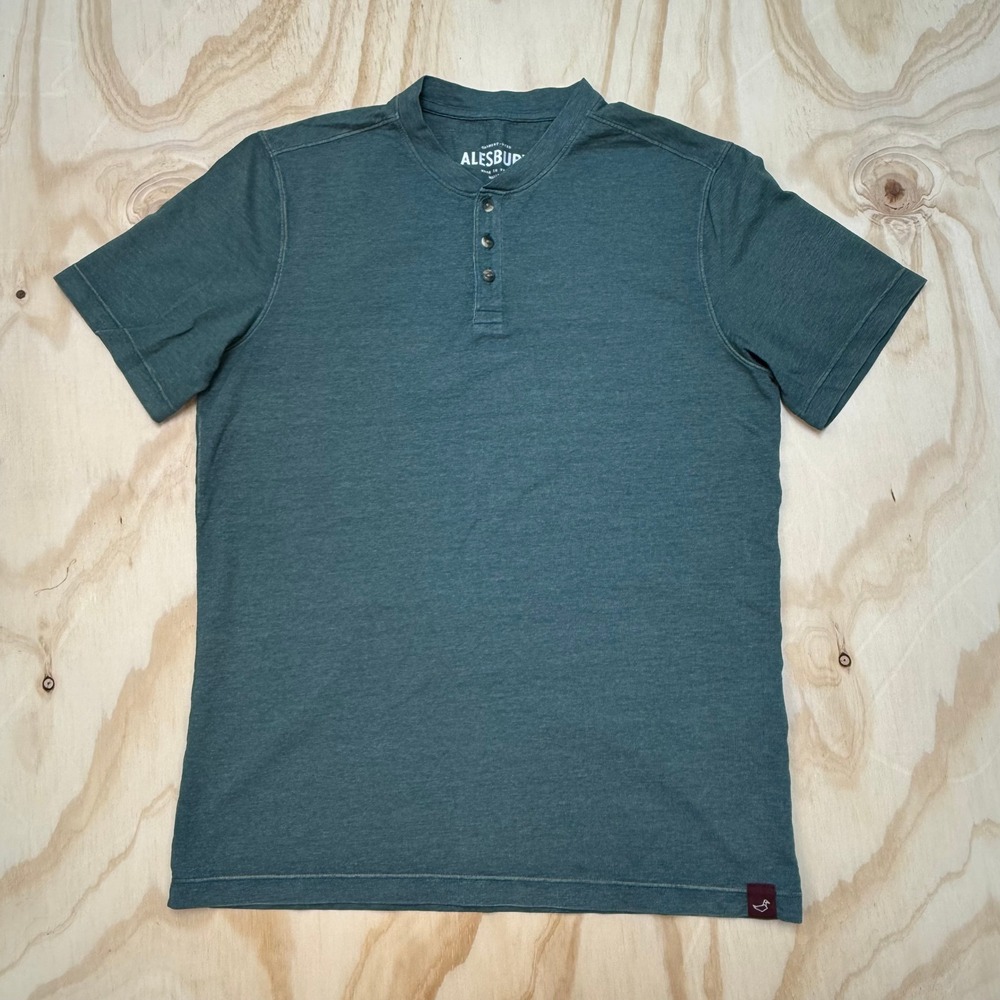 Alesbury Mens Henley Shirt Medium Teal Green Garment Dyed Short Sleeve Cotton